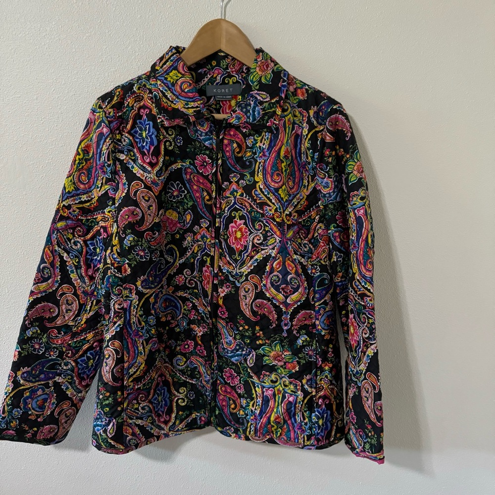Vintage Koret Silk Quilted Paisley Blazer Jacket Black Multicolor-Medium